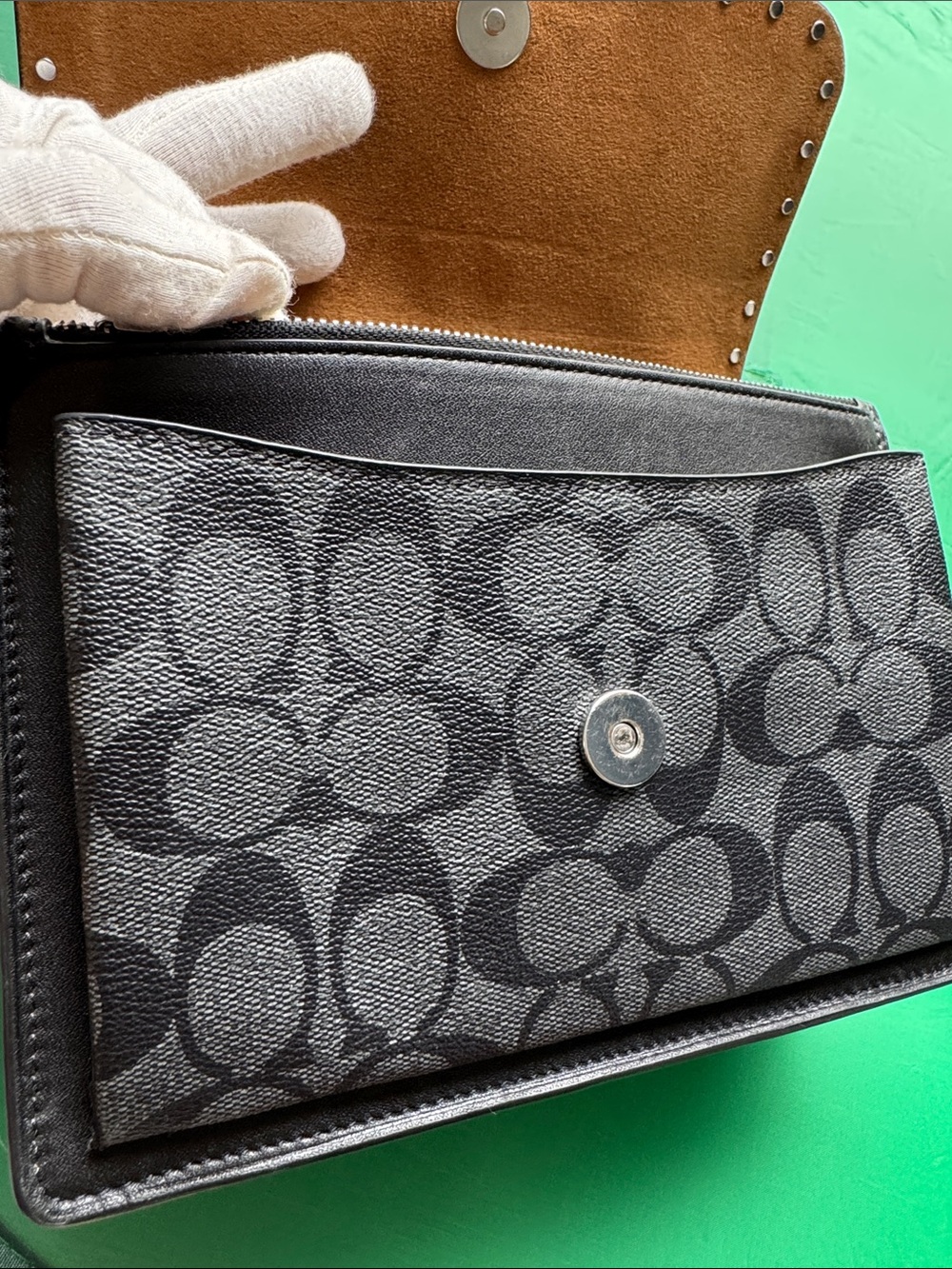 🖤Coach Black Leather 🖤& Signature Canvas Crossbody with Silver Studs - Picture 9 of 17
